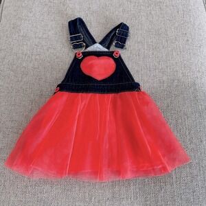 Kids Denim Heart Tulle Dress Overall Style Coral Pink Size 12M